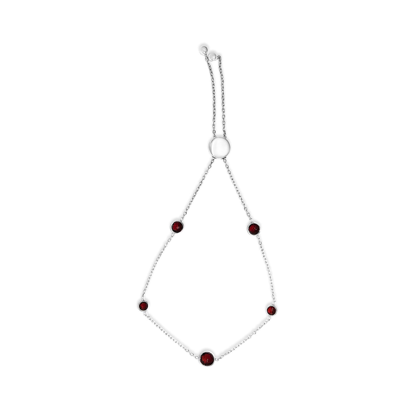 .925 Sterling Silver Bezel Set Red Garnet 5 Station Adjustable Bolo Bracelet-0