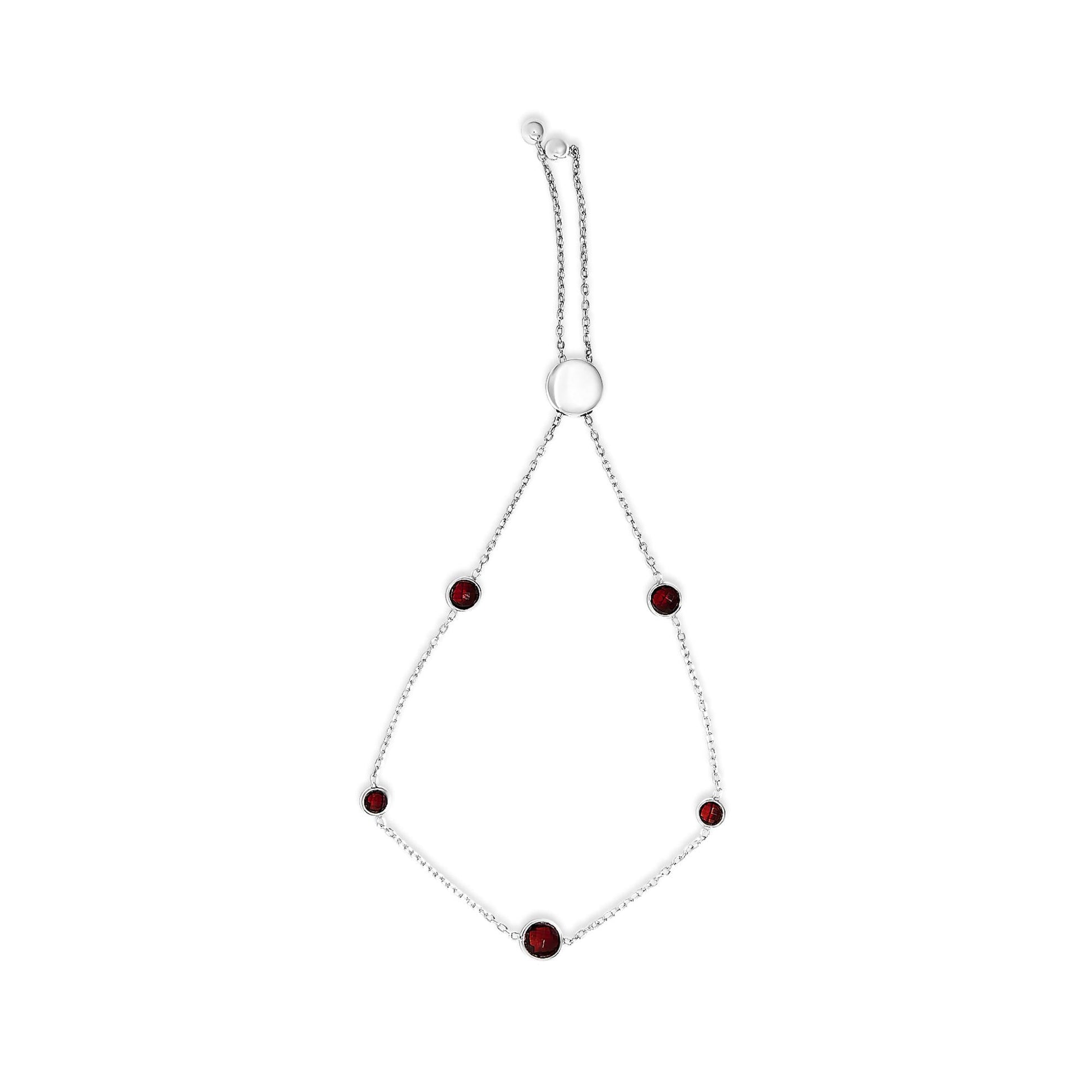 .925 Sterling Silver Bezel Set Red Garnet 5 Station Adjustable Bolo Bracelet-0