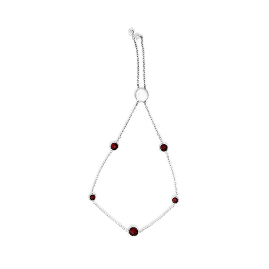 .925 Sterling Silver Bezel Set Red Garnet 5 Station Adjustable Bolo Bracelet-0