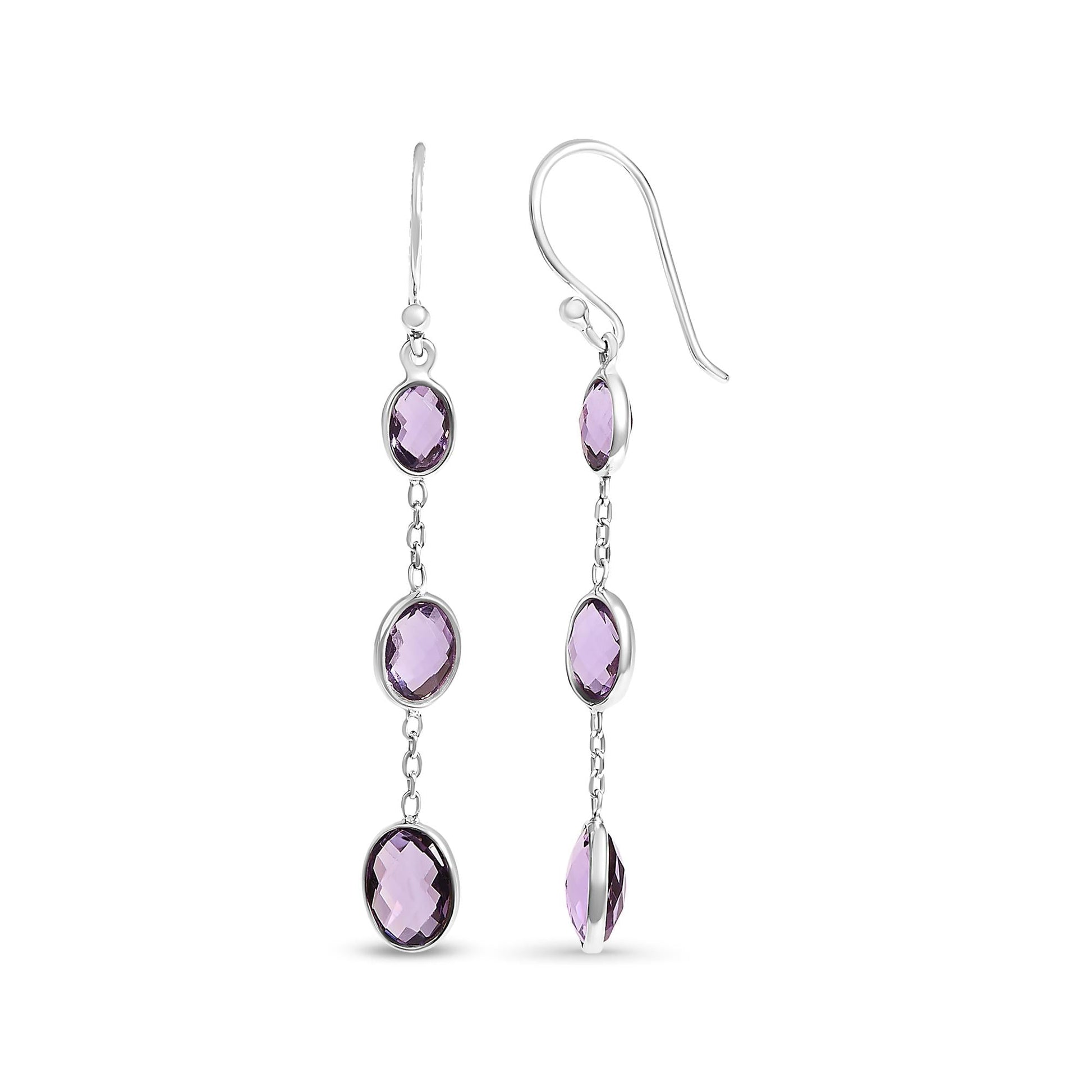 .925 Sterling Silver Checkerboard Cut Oval Purple Amethyst 2" Inch Drop and Dangle Earrings-1