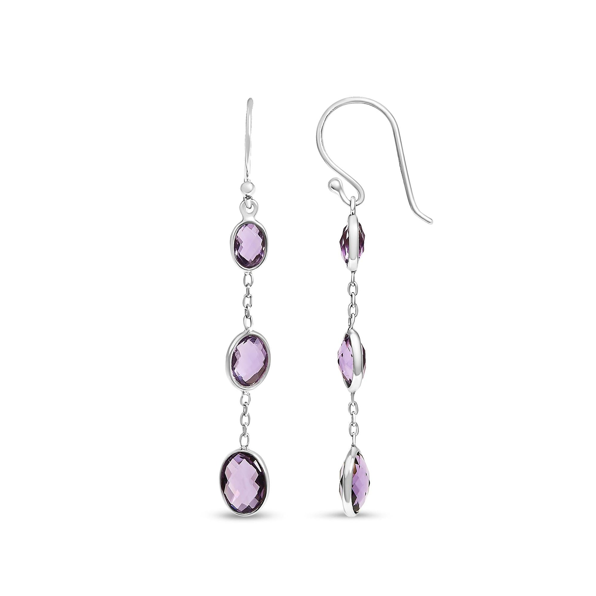 .925 Sterling Silver Checkerboard Cut Oval Purple Amethyst 2" Inch Drop and Dangle Earrings-3