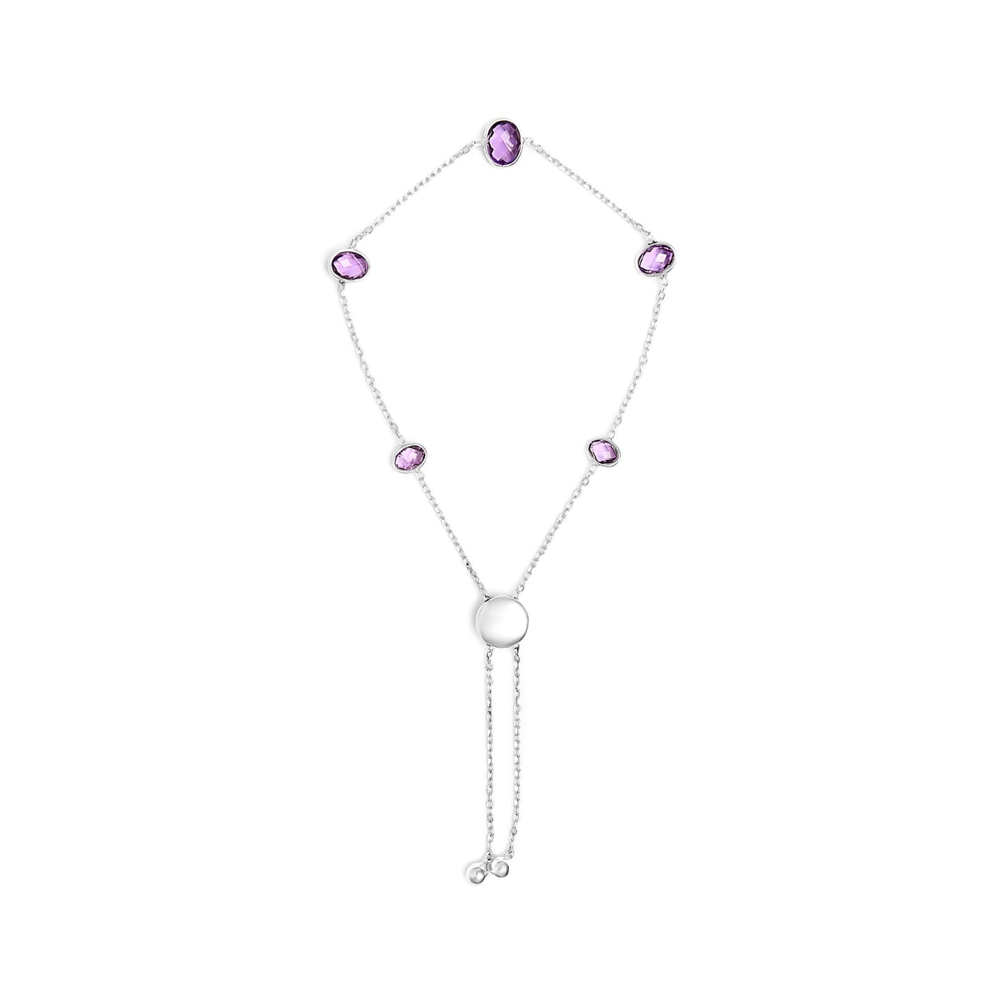 .925 Sterling Silver Bezel Set Purple Amethyst 5 Station Adjustable Bolo Bracelet-0