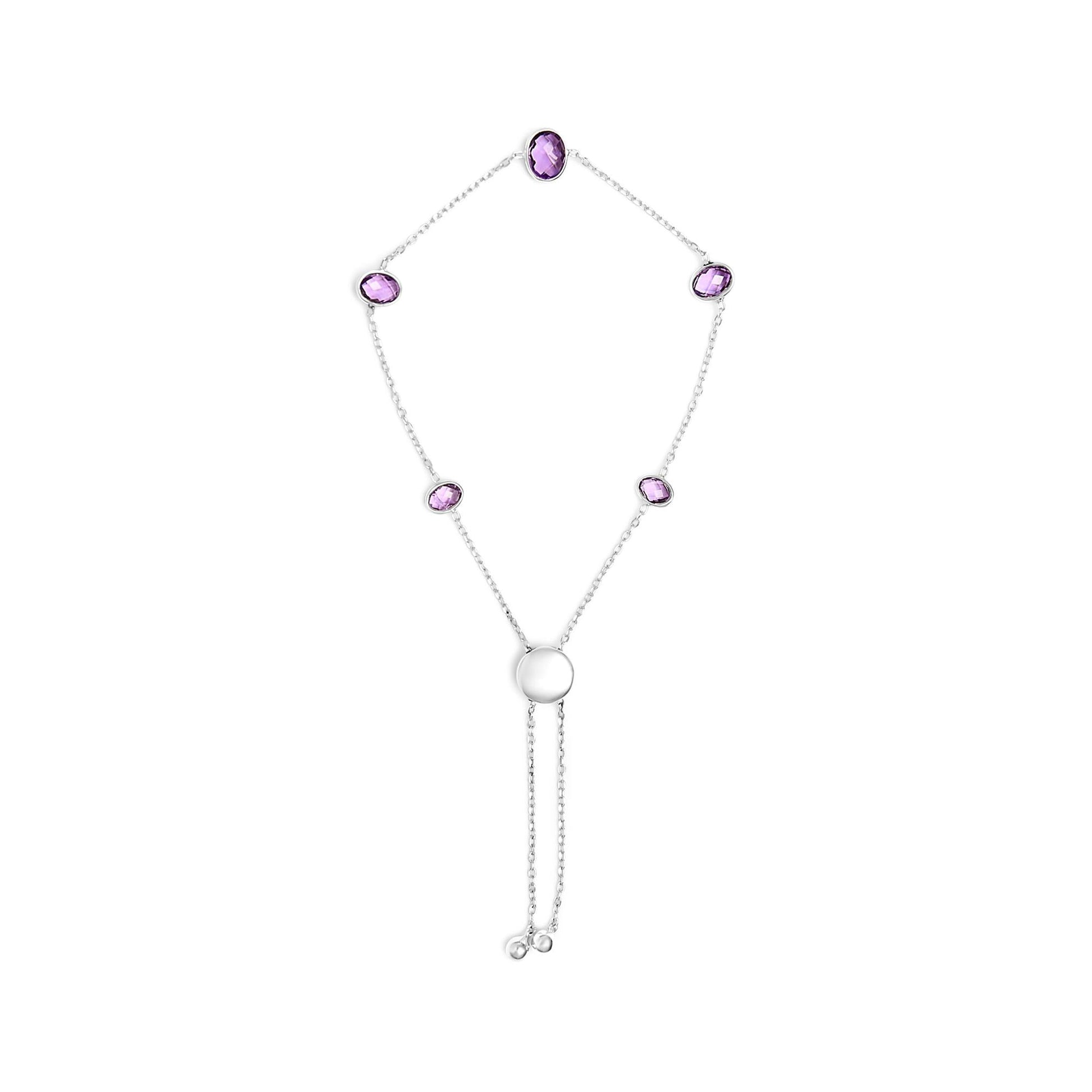 .925 Sterling Silver Bezel Set Purple Amethyst 5 Station Adjustable Bolo Bracelet-0