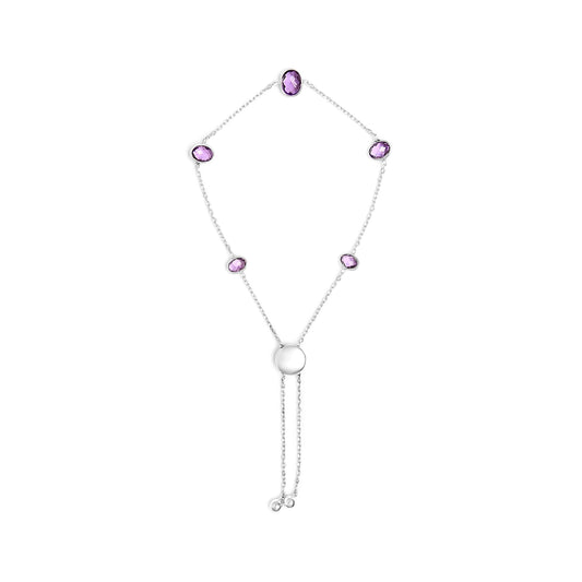 .925 Sterling Silver Bezel Set Purple Amethyst 5 Station Adjustable Bolo Bracelet-0