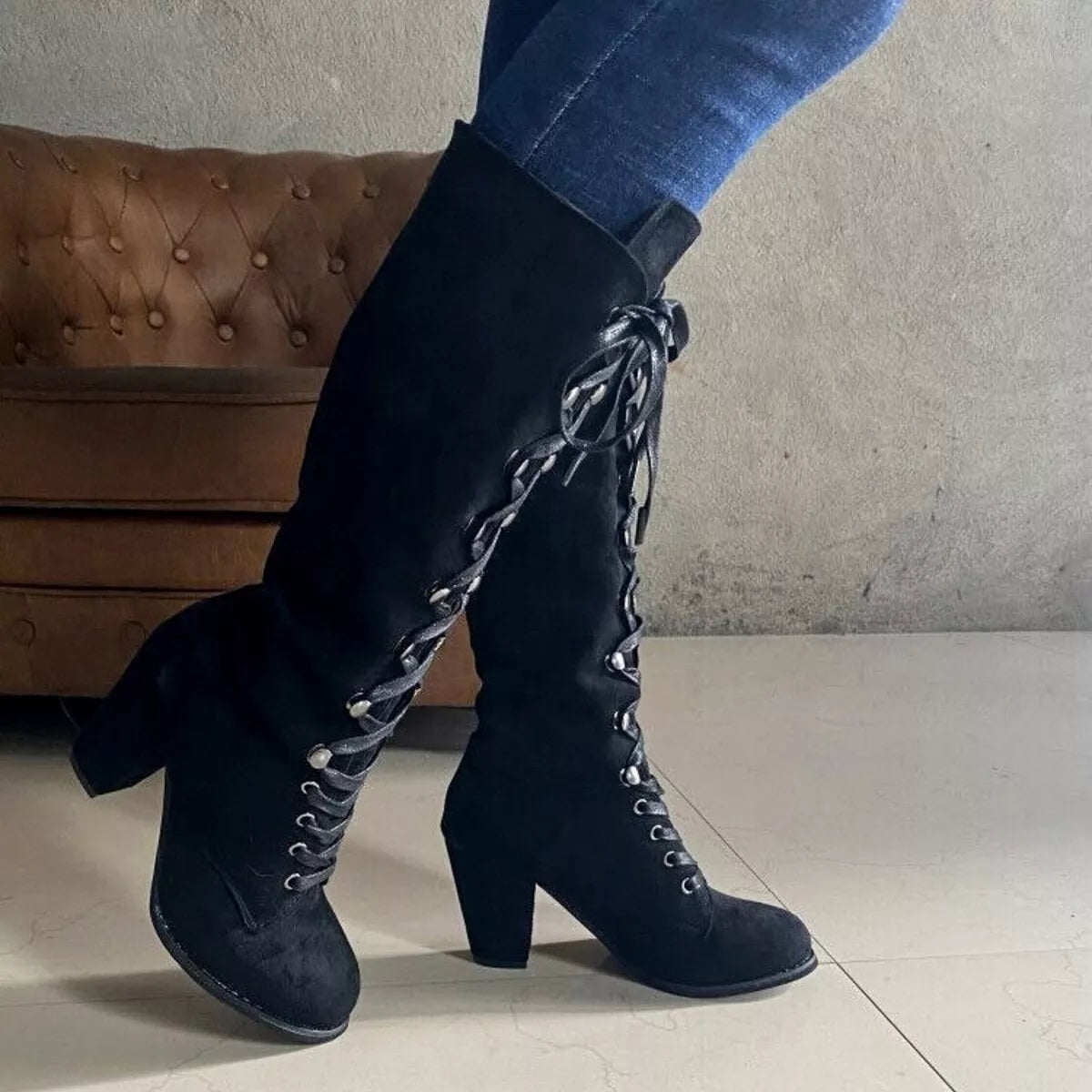 Lace Up Block Heels Boots