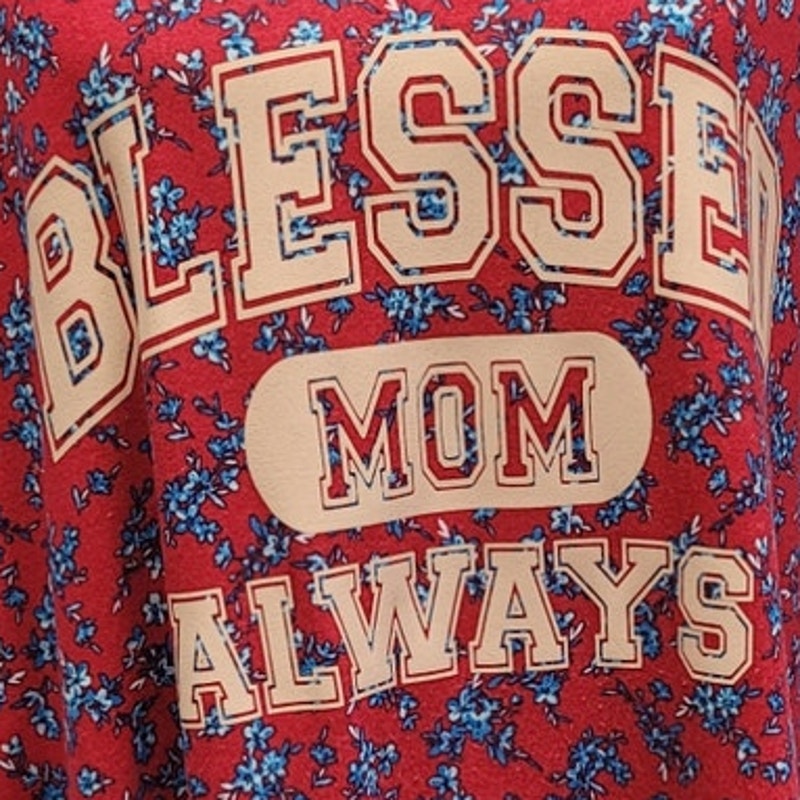 Hand Printed Upcycled Womens XL Floral Blessed Mom Always Cold Shoulder Blouse