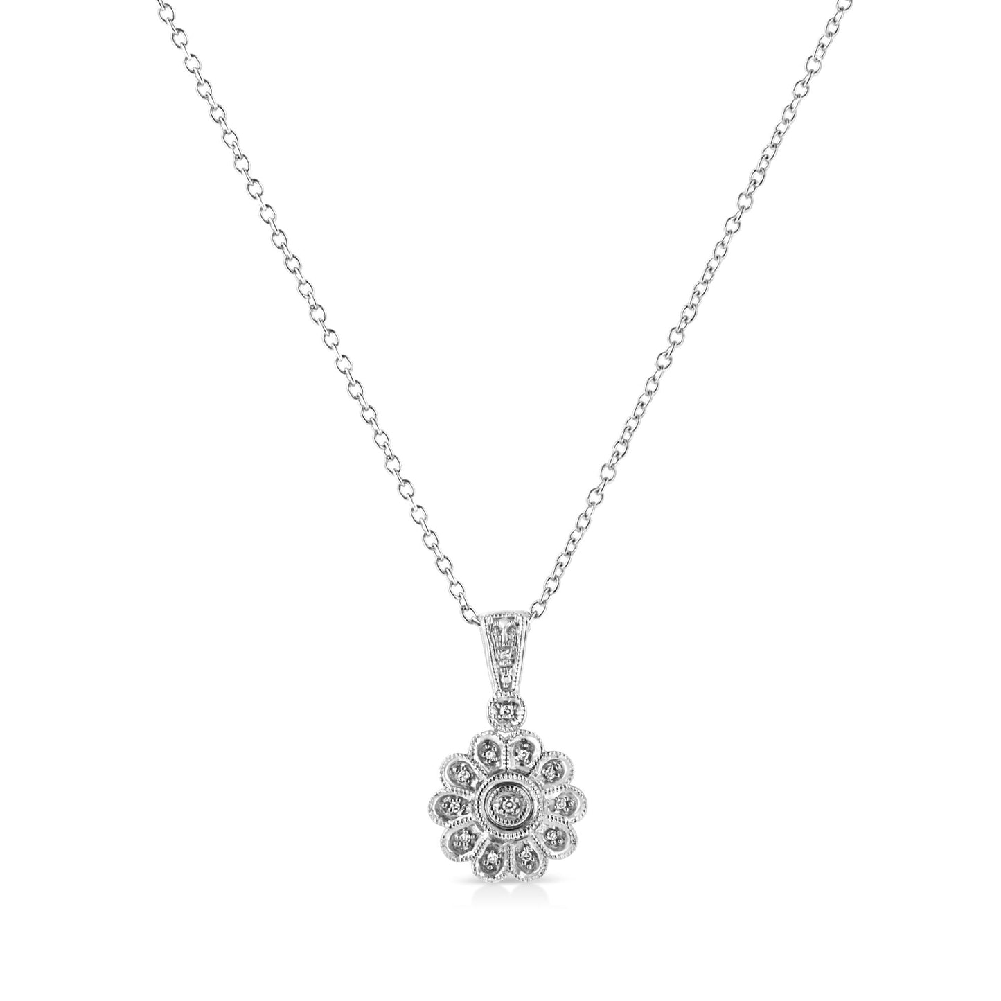 .925 Sterling Silver Diamond Accent Sunburst Milgrain 18" Pendant Necklace (I-J Color, I1-I2 Clarity)-1