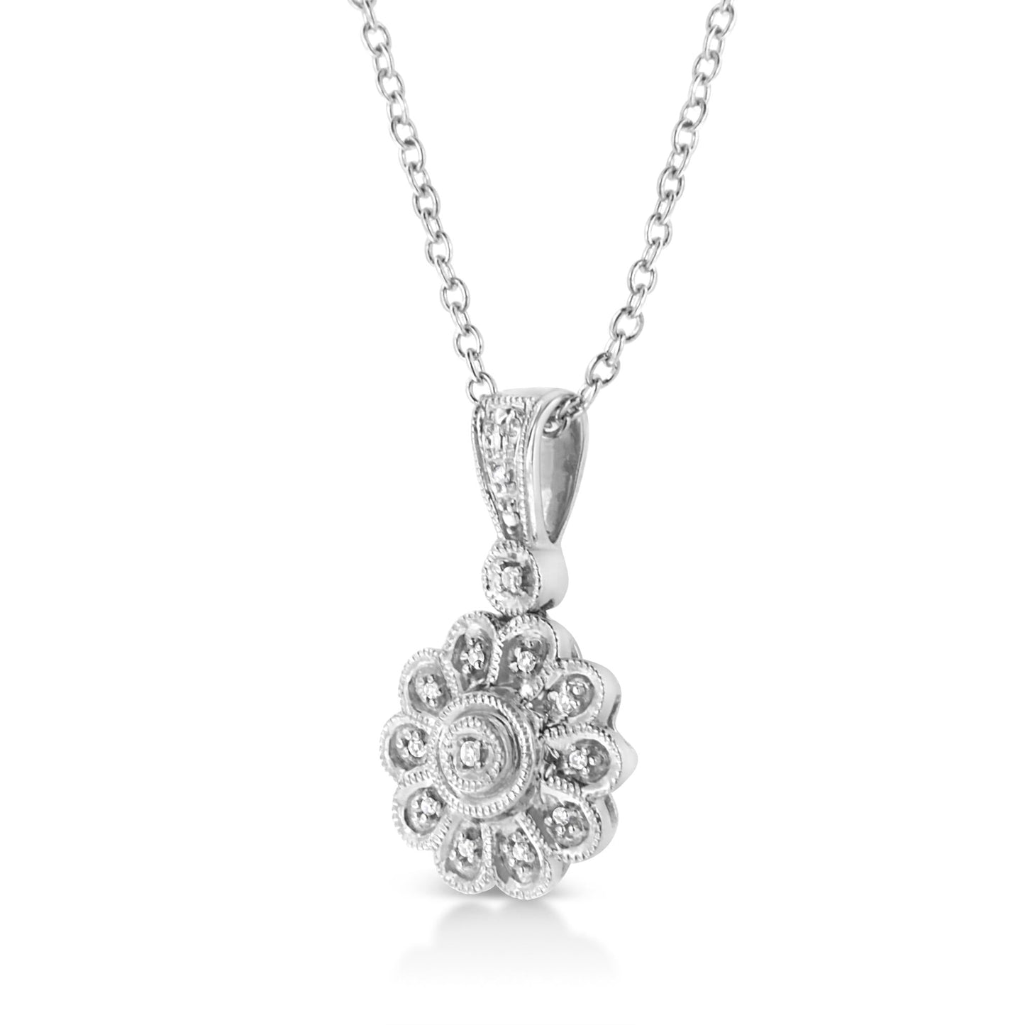 .925 Sterling Silver Diamond Accent Sunburst Milgrain 18" Pendant Necklace (I-J Color, I1-I2 Clarity)-3