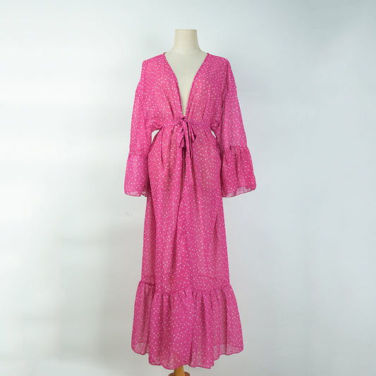 Rose Red White Dot Mid-Length Chiffon Cardigan Beach Jacket Swimsuit Outwear Bikini Sun Protective Blouse