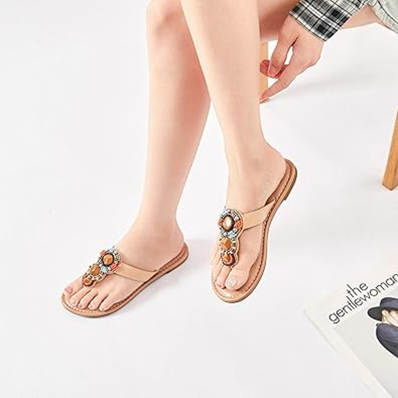 Ataiwee Womens Size 7.5 Brown Beaded Thong Flat Slide On Open Toe Sandals Shoes