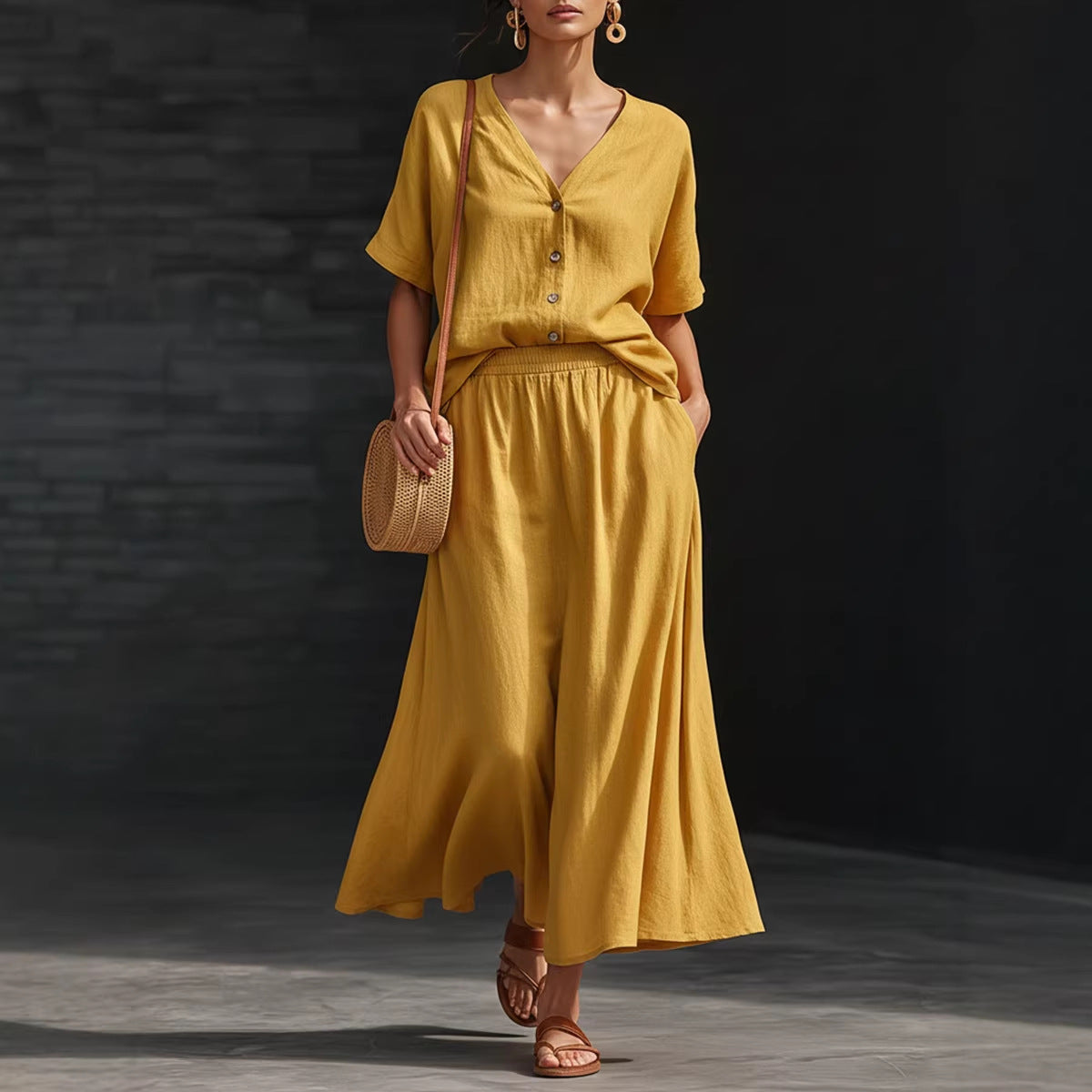 Women's Cotton-Linen V-Neck Button-Up Top & Long Skirt Set