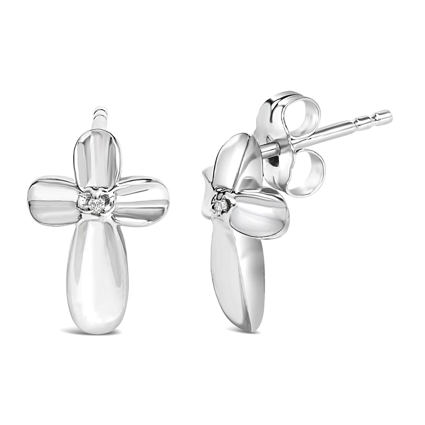 .925 Sterling Silver Prong Set Diamond Accent Floral Cross Stud Earring (I-J Color, I1-I2 Clarity)-1