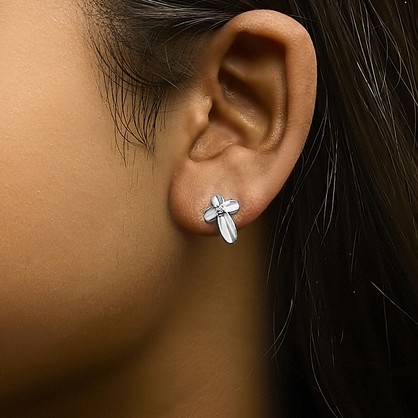 .925 Sterling Silver Prong Set Diamond Accent Floral Cross Stud Earring (I-J Color, I1-I2 Clarity)-2