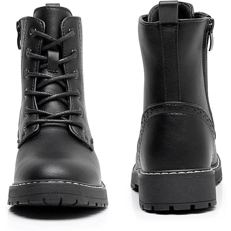 Apakowa Girls Size 5 Black Faux Leather Combat Boots Side Zipper Ankle Booties
