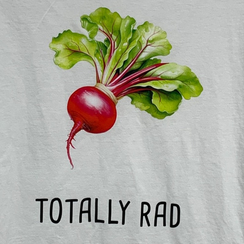New Hand Printed Adult Large Totally Rad Radish Veggie Short Sleeve Tee Shirt