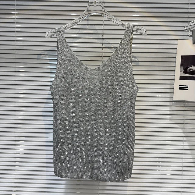 Hot pressed diamond collar knitted camisole vest women's top