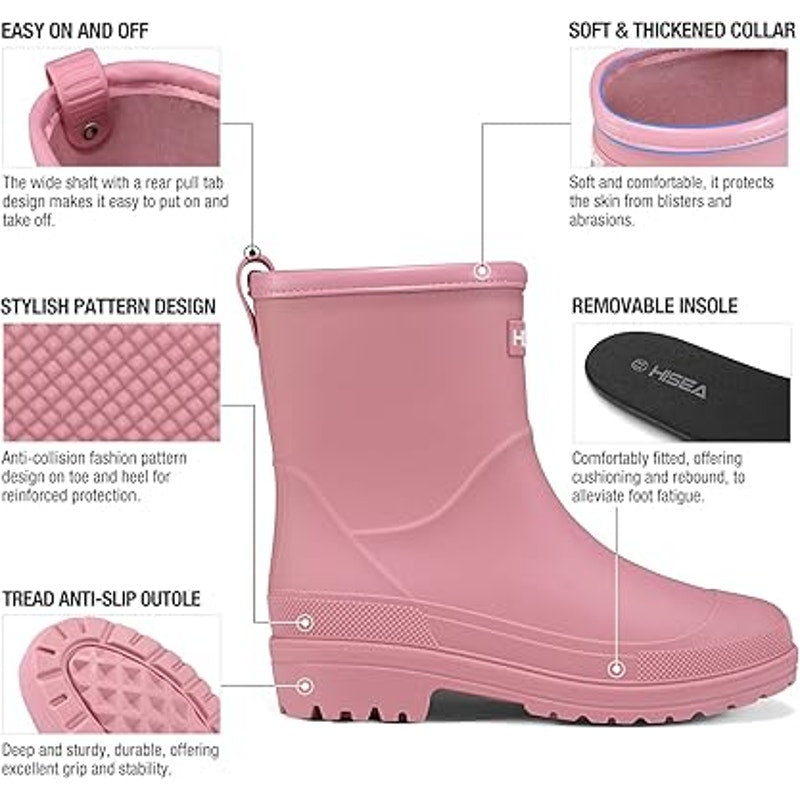 Hisea Women Size 7 Pink Pull On Waterproof Faux Rubber Short Non Slip Rain Boots