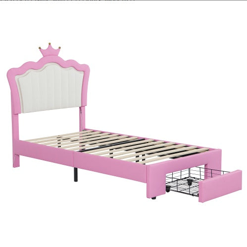 Twin Size Upholstered Bed Frame With LED Lights, Modern Upholstered Princess Bed With Crown Headboard, A Drawer