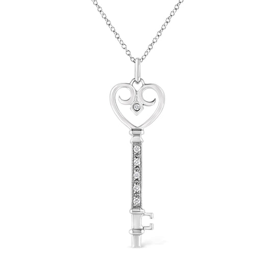 .925 Sterling Silver Pave and Bezel-Set Diamond Accent Key 18" Heart and Lock Pendant Necklace (K-L Color, I1-I2 Clarity)-0