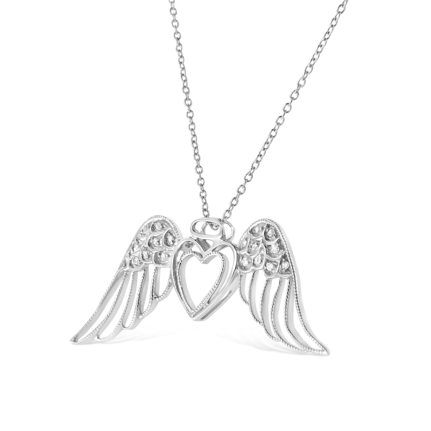 .925 Sterling Silver Pave-Set Diamond Accent Angel Wing 18" Double Heart Pendant Necklace (I-J Color, I1-I2 Clarity)-3