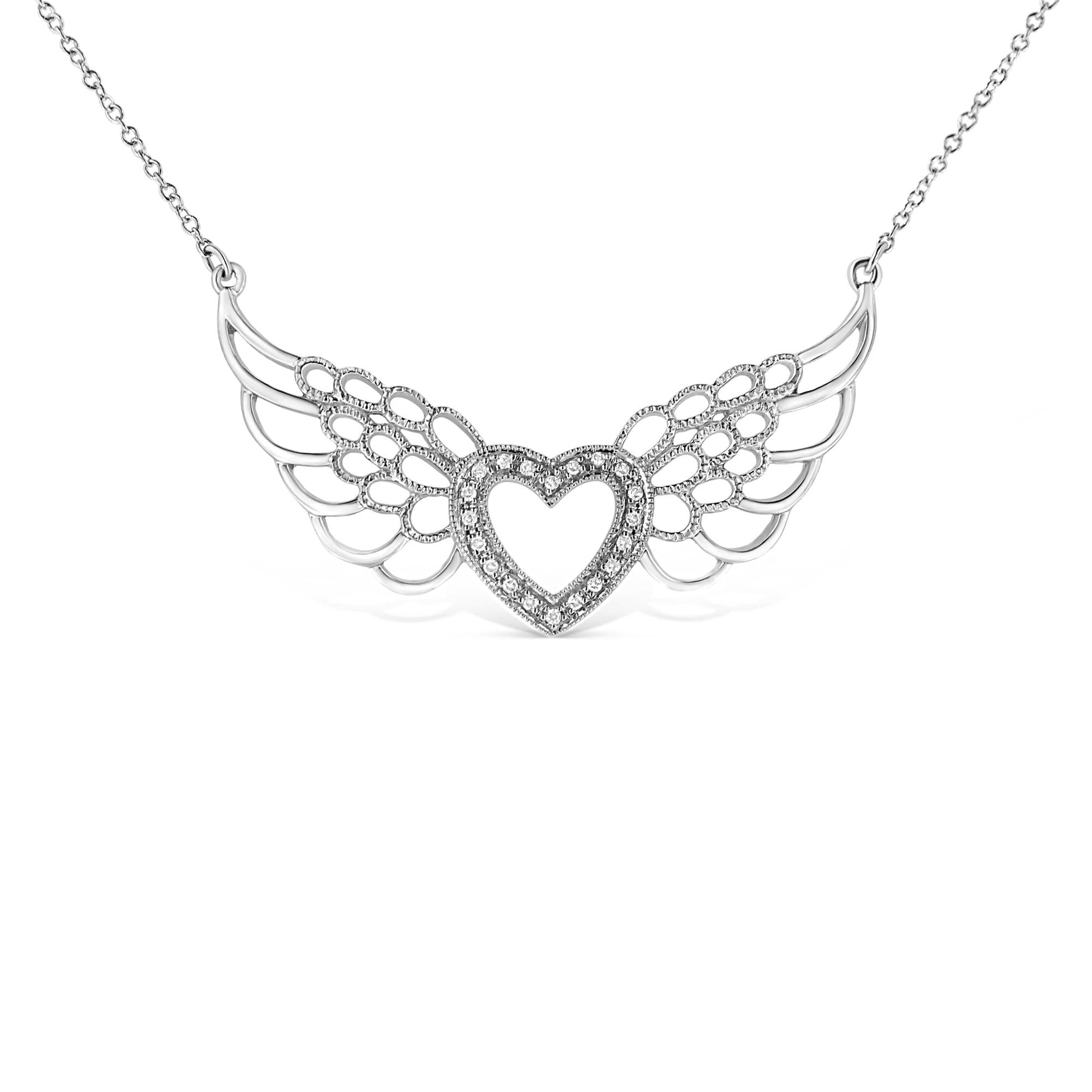 .925 Sterling Silver Pave-Set Diamond Accent Fairy Wing 18" Heart Pendant Necklace (I-J Color, I1-I2 Clarity)-0