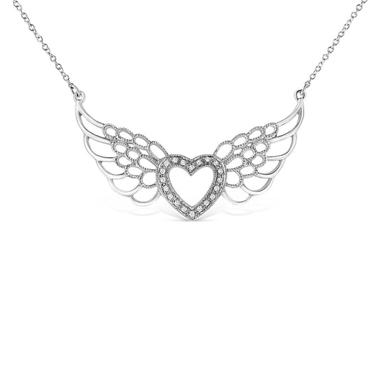 .925 Sterling Silver Pave-Set Diamond Accent Fairy Wing 18" Heart Pendant Necklace (I-J Color, I1-I2 Clarity)-0