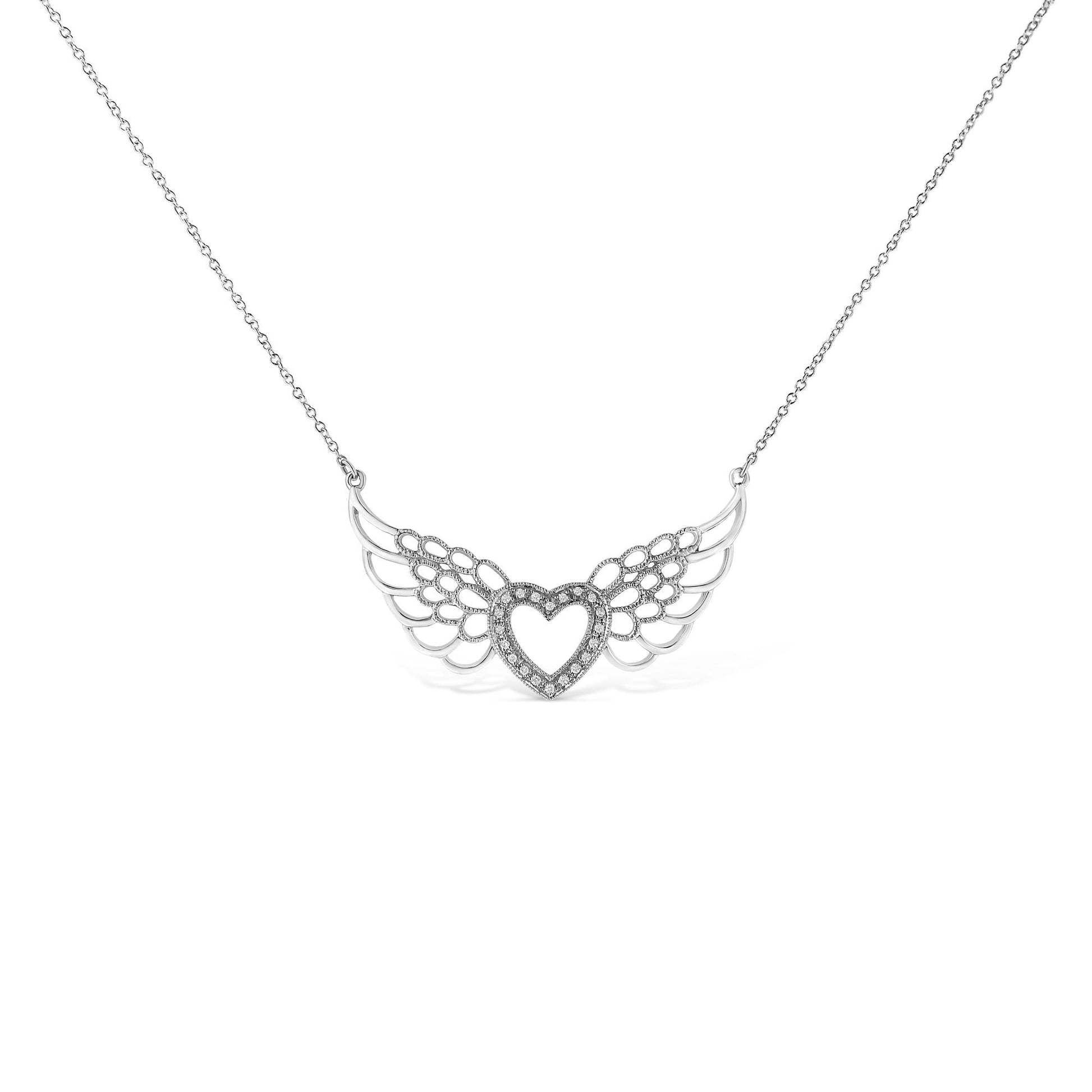.925 Sterling Silver Pave-Set Diamond Accent Fairy Wing 18" Heart Pendant Necklace (I-J Color, I1-I2 Clarity)-1