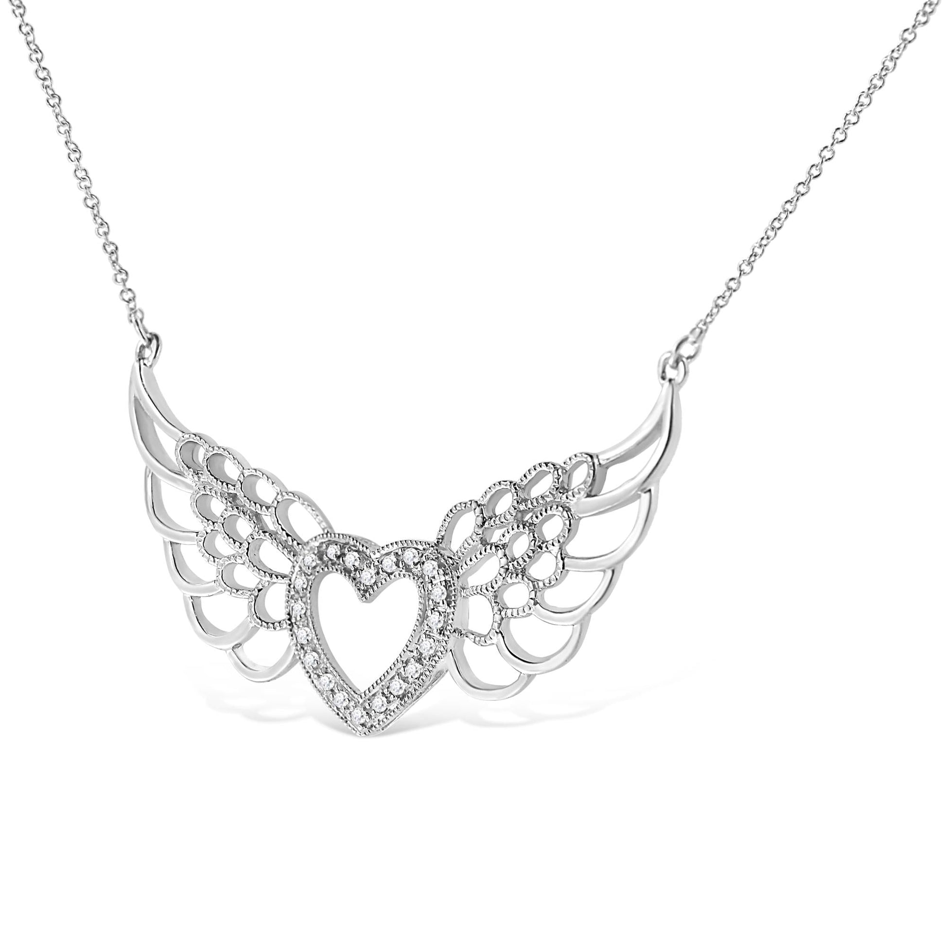 .925 Sterling Silver Pave-Set Diamond Accent Fairy Wing 18" Heart Pendant Necklace (I-J Color, I1-I2 Clarity)-3