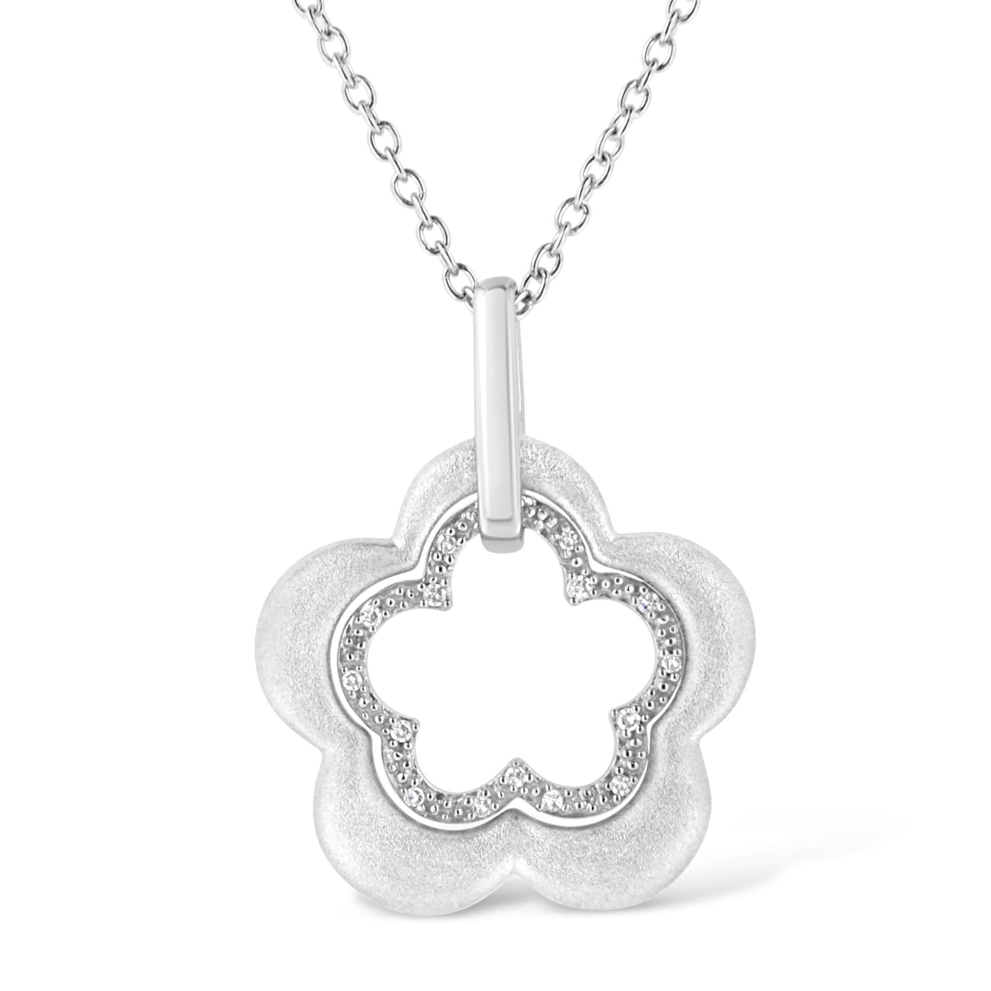 Matte Finished .925 Sterling Silver Diamond Accent Double Flower Shape 18" Satin Finished Pendant Necklace (I-J Color, I1-I2 Clarity)-0