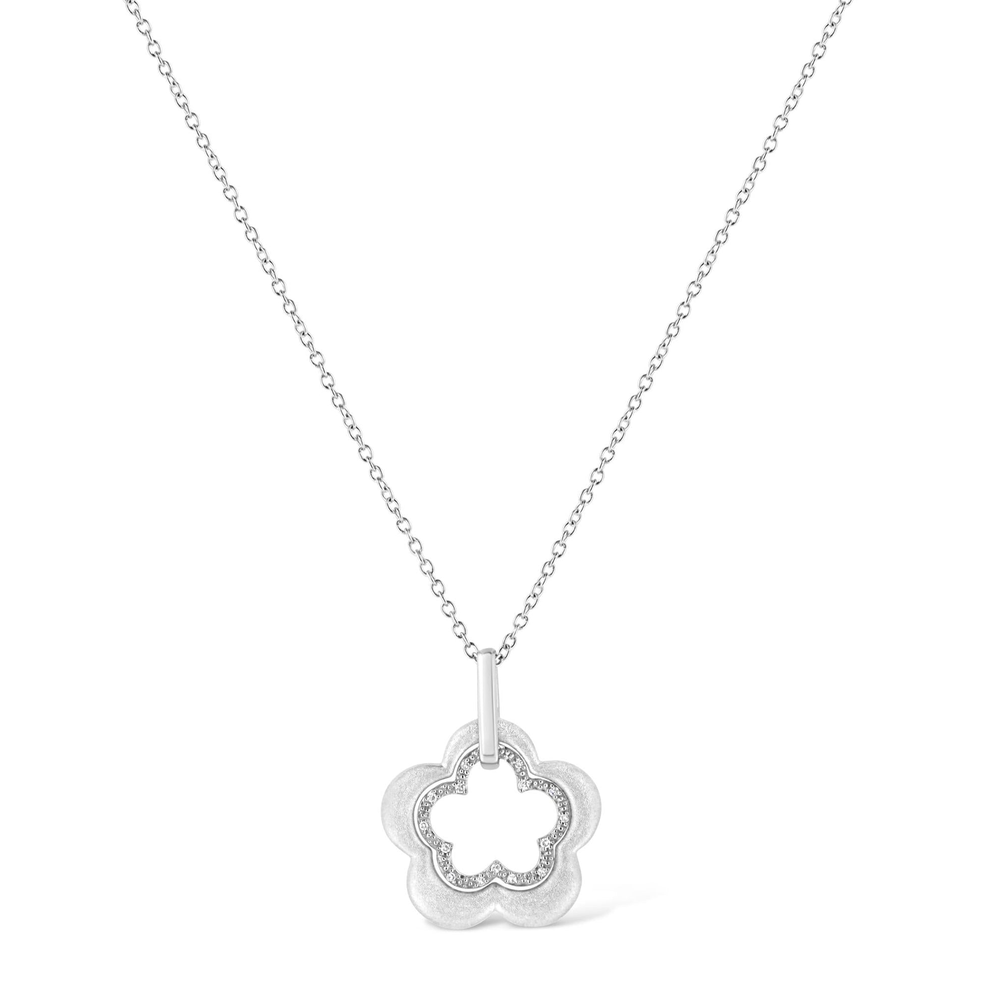 Matte Finished .925 Sterling Silver Diamond Accent Double Flower Shape 18" Satin Finished Pendant Necklace (I-J Color, I1-I2 Clarity)-1