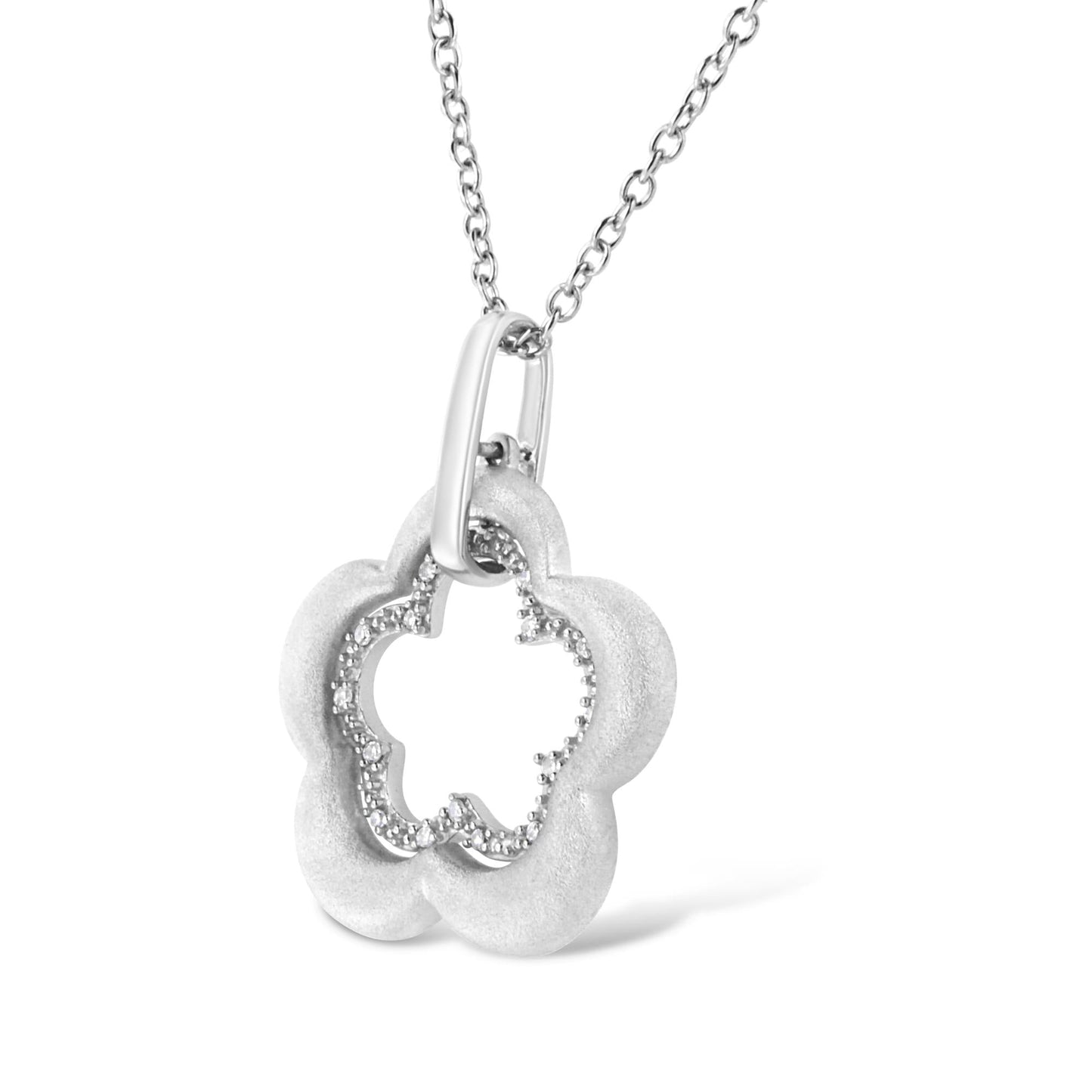 Matte Finished .925 Sterling Silver Diamond Accent Double Flower Shape 18" Satin Finished Pendant Necklace (I-J Color, I1-I2 Clarity)-3