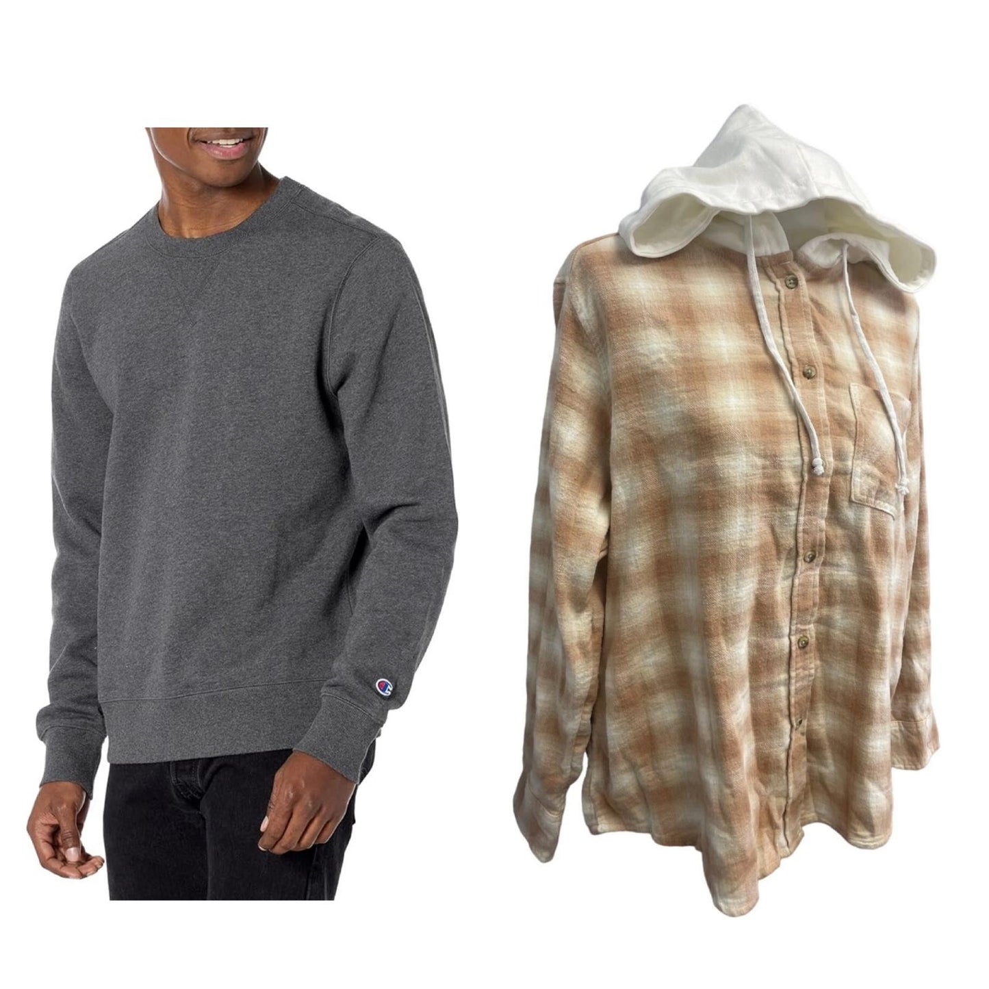 New Champion Unisex Medium Gray Pullover Sweatshirt w Bonus Plaid Flannel Hoodie