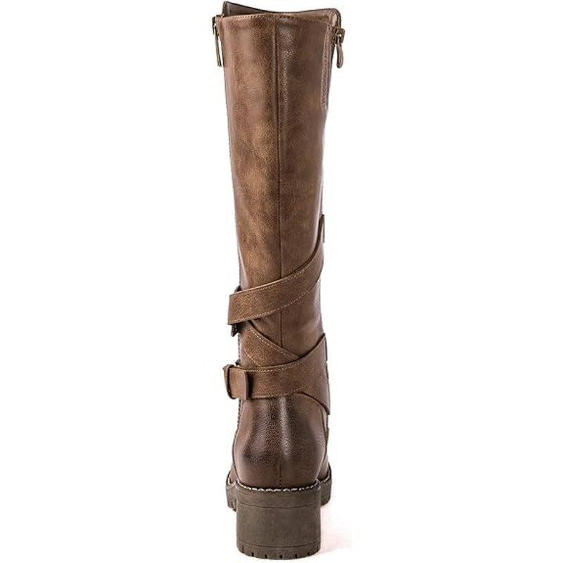 New Global Win Women Size 6.5 Brown Faux Leather Knee High Chunky Low Heel Boots