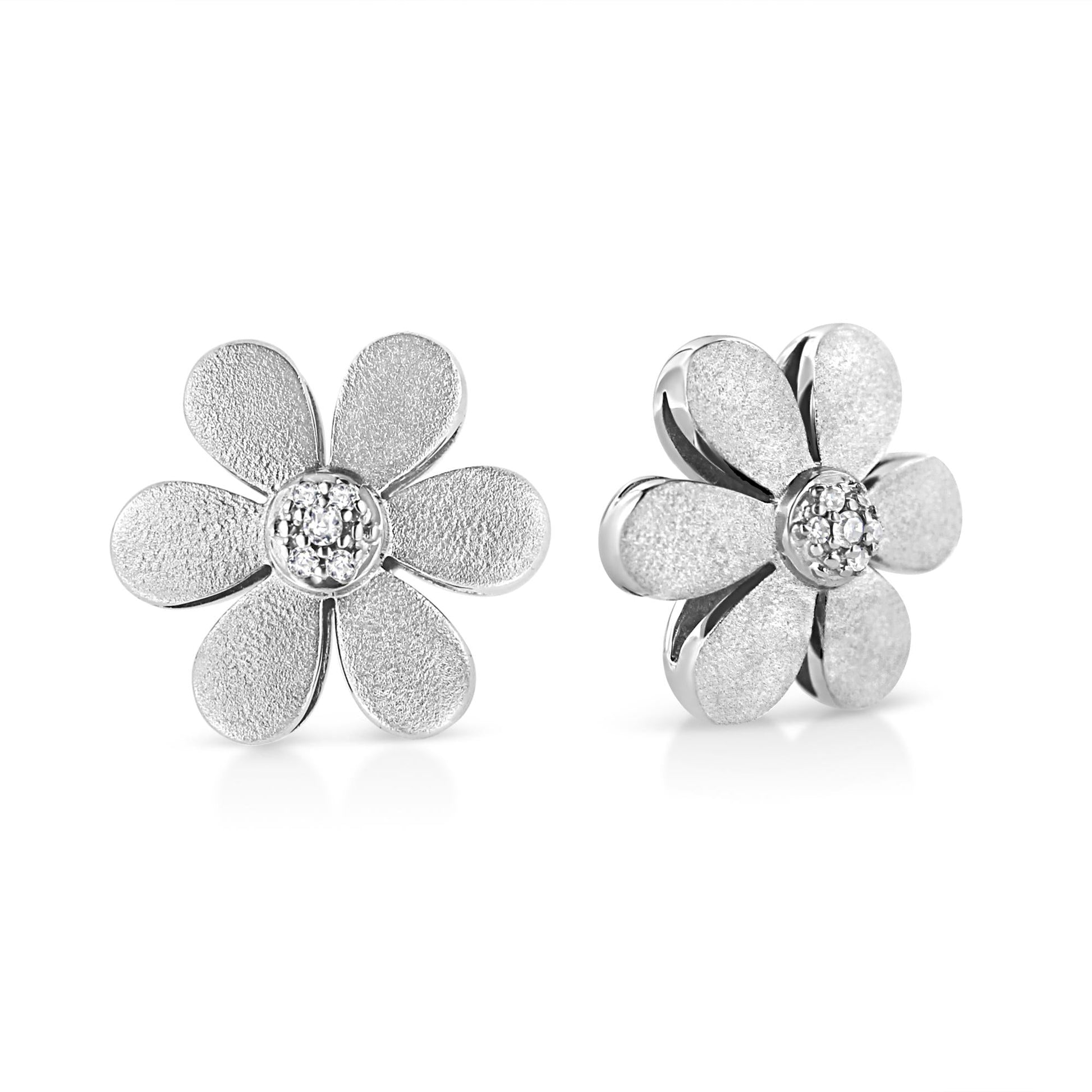 Matte Finished .925 Sterling Silver Diamond Accent Flower Hoop Stud Earring (I-J Color, I1-I2 Clarity)-3