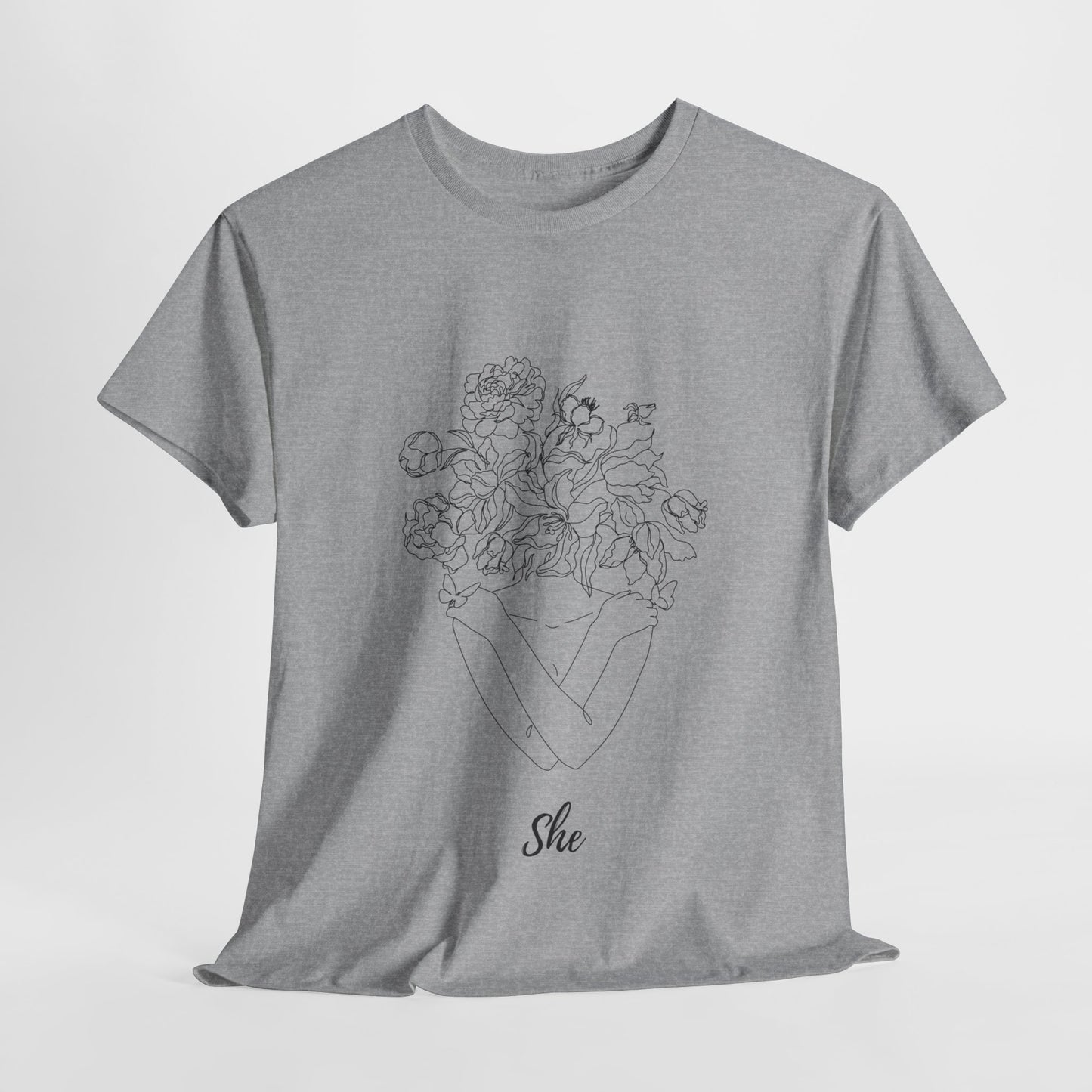 SHE Floral Love Unisex Heavy Cotton Tee, Casual T-Shirt, Gift for Her, Summer Fashion, Relaxed Fit Tee