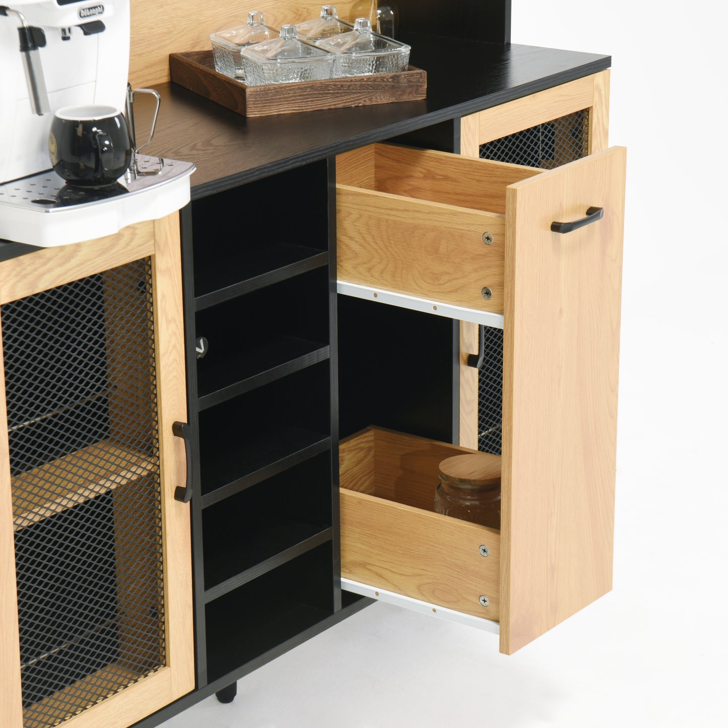 59 "H buffet side cabinet with storage door and power outlet, coffee bar cabinet with wine rack, black and natural colors