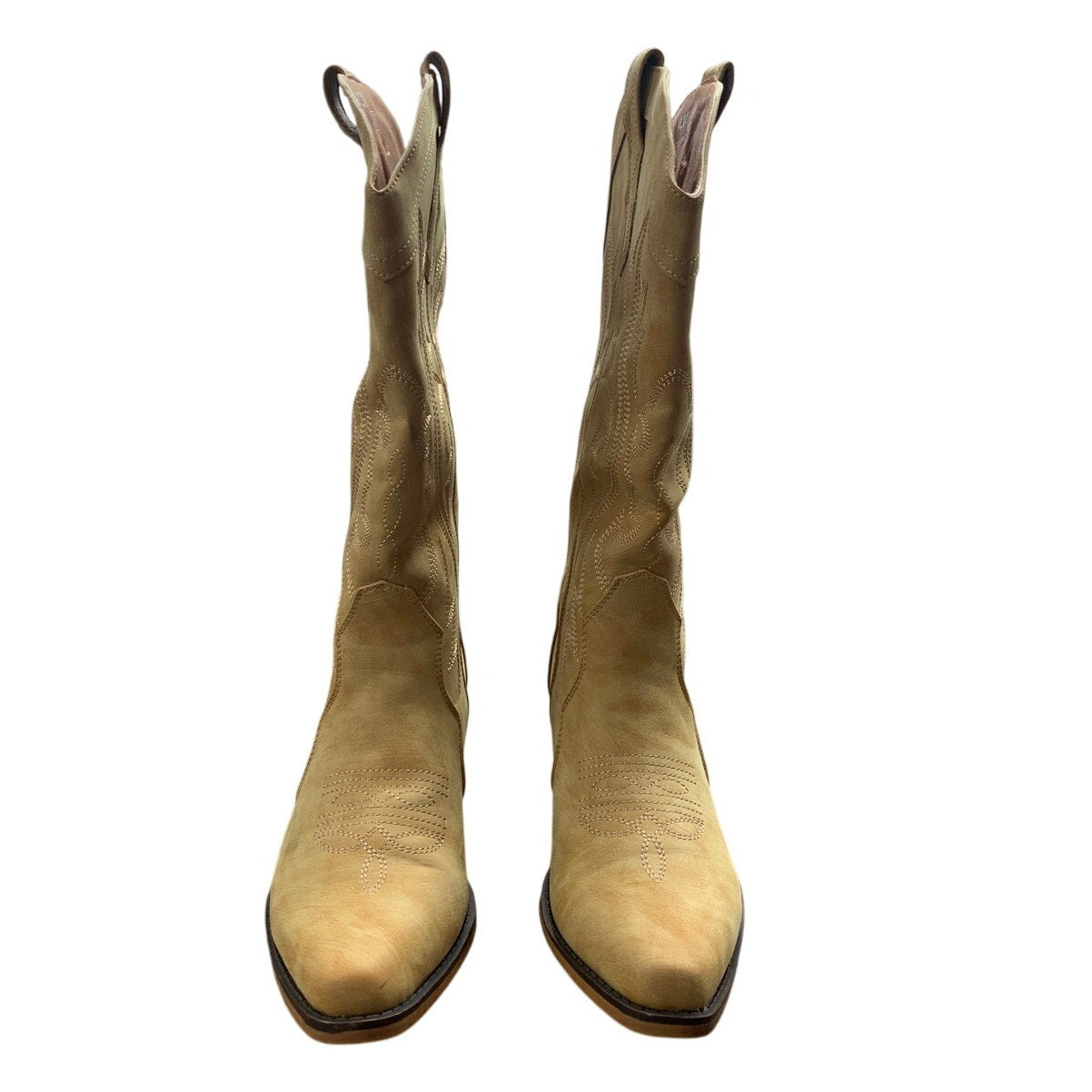 IUV Womens 9.5 Tan Faux Leather 2.25" Block Heel Mid Calf Pull On Cowboy Boots