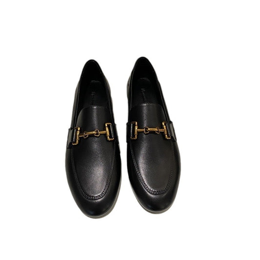 Women's shoes round toe sheepskin flat bottomed metal buckle leather loafers