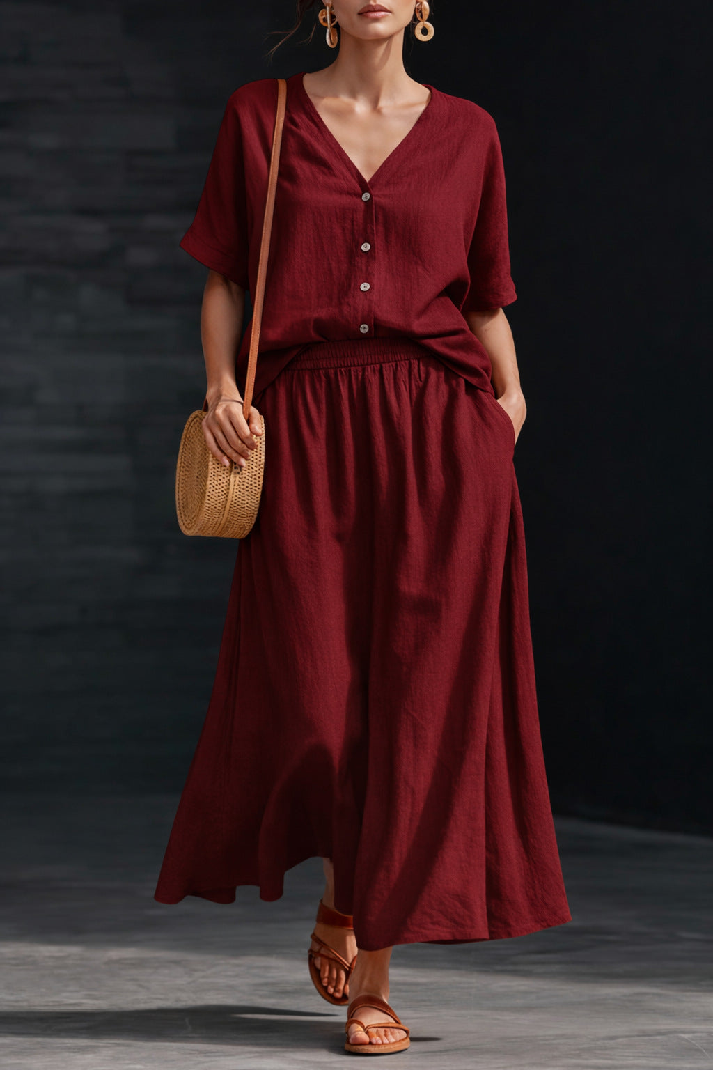Women's Cotton-Linen V-Neck Button-Up Top & Long Skirt Set