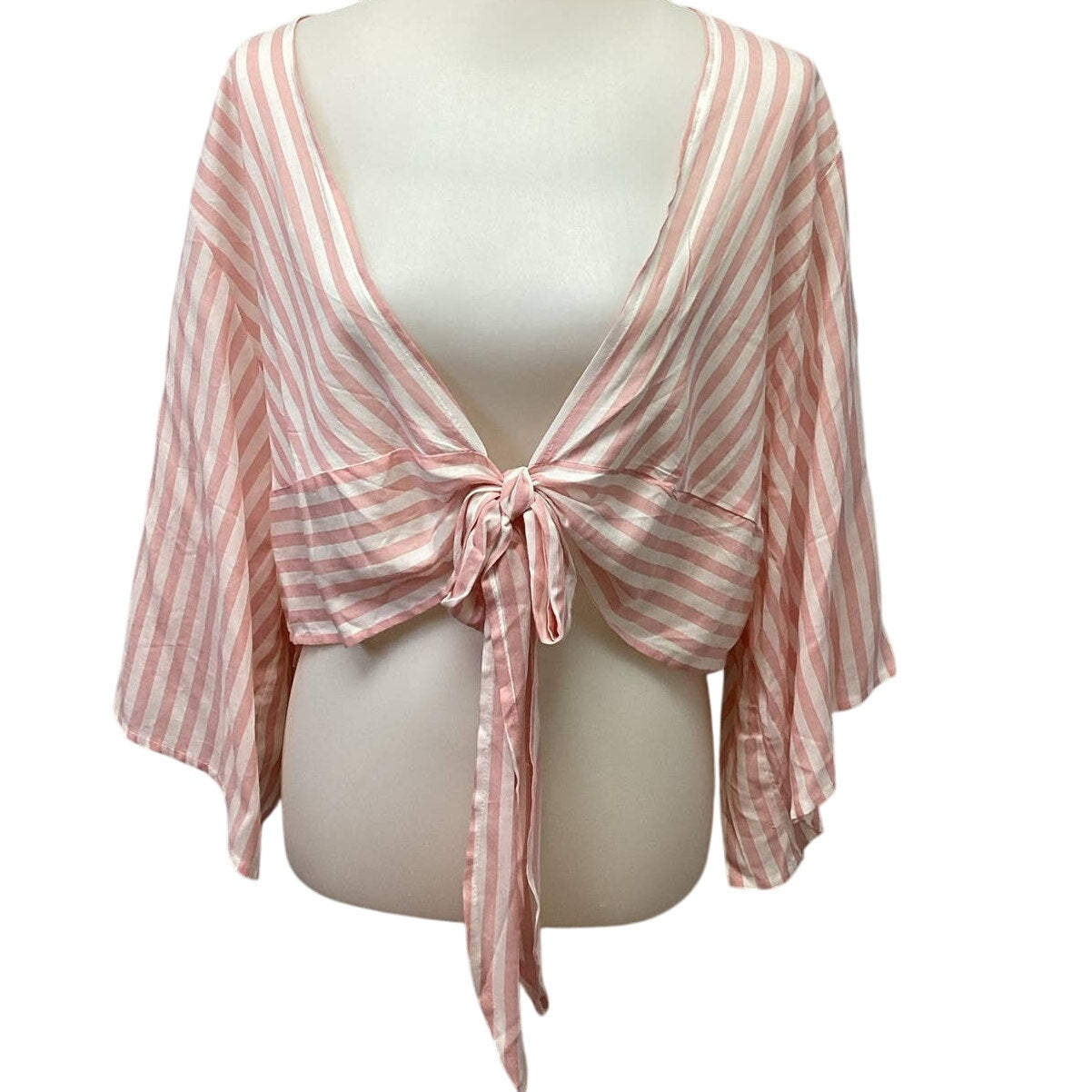 Cute Womens Medium Striped Long Flowy Sleeve 100% Viscose Front Tie Blouse Top