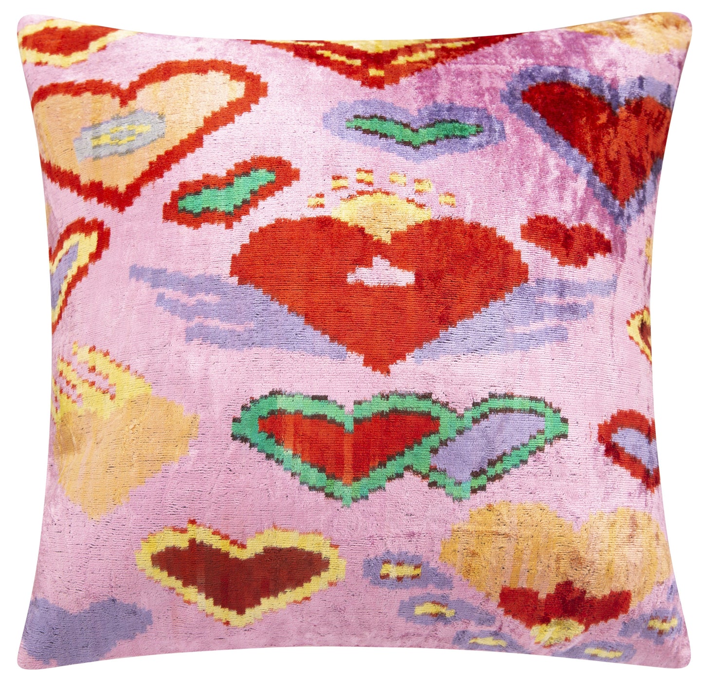 Handmade Silk Velvet Throw Pillow 20x20 in - Pink & Red Heart Pattern with Down Feather Insert-2