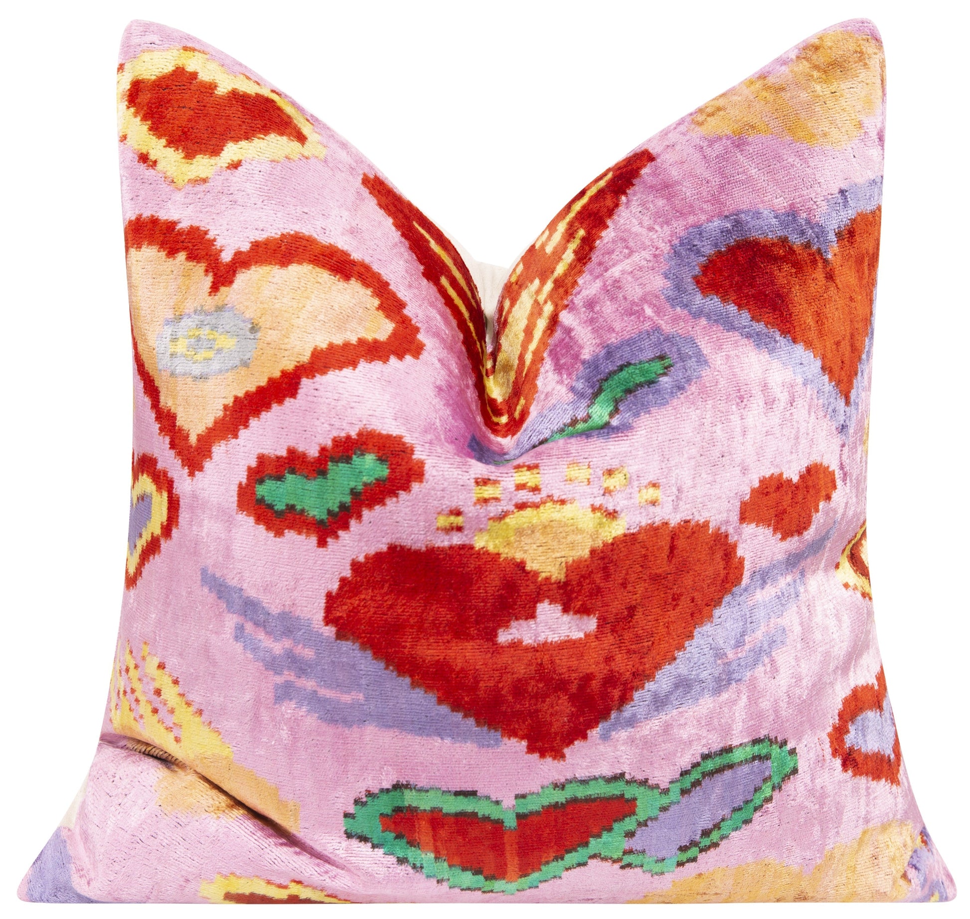 Handmade Silk Velvet Throw Pillow 20x20 in - Pink & Red Heart Pattern with Down Feather Insert-4