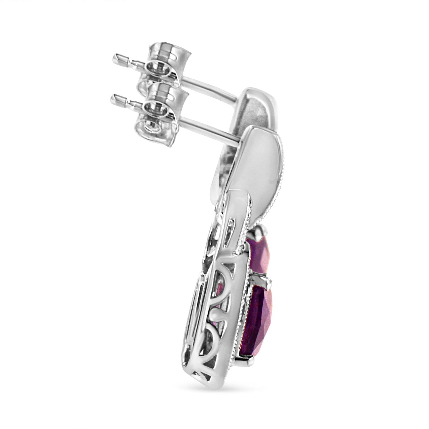 .925 Sterling Silver 8MM Natural Cushion Shaped Amethyst and Diamond Accent Halo with Push Back Dangle Earrings (I-J Color, I2-I3 Clarity)-3