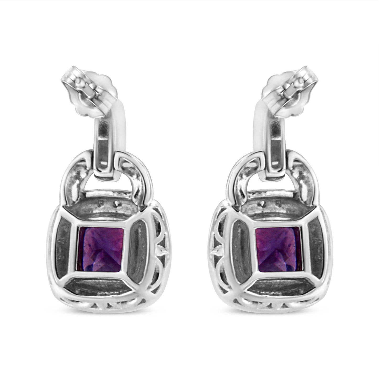 .925 Sterling Silver 8MM Natural Cushion Shaped Amethyst and Diamond Accent Halo with Push Back Dangle Earrings (I-J Color, I2-I3 Clarity)-4