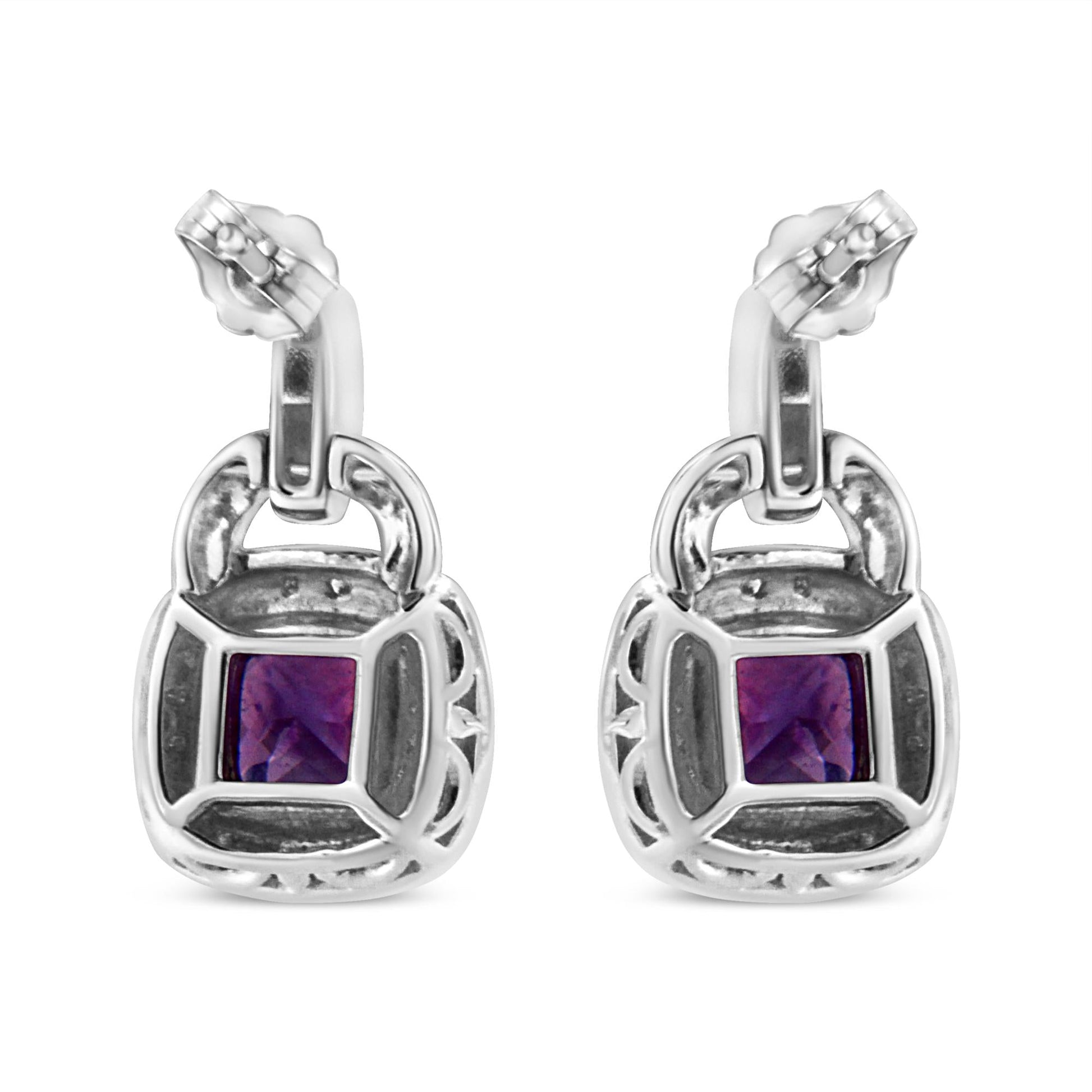 .925 Sterling Silver 8MM Natural Cushion Shaped Amethyst and Diamond Accent Halo with Push Back Dangle Earrings (I-J Color, I2-I3 Clarity)-4