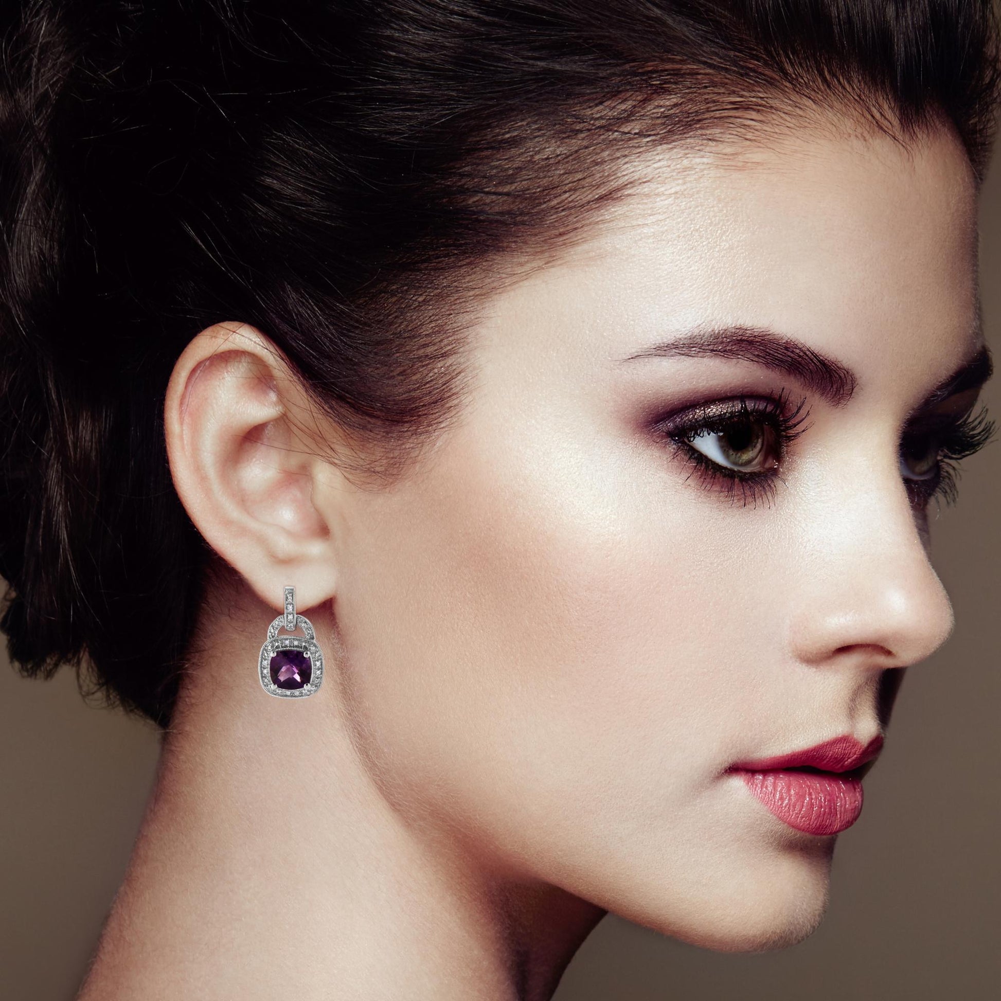 .925 Sterling Silver 8MM Natural Cushion Shaped Amethyst and Diamond Accent Halo with Push Back Dangle Earrings (I-J Color, I2-I3 Clarity)-2