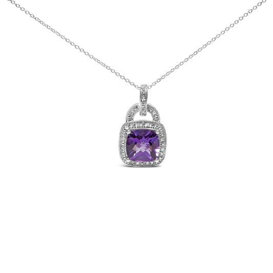 .925 Sterling Silver 10X10 MM Cushion Purple Amethyst and Diamond Accent Halo 18" Pendant Necklace (I-J Color, I1-I2 Clarity)-0