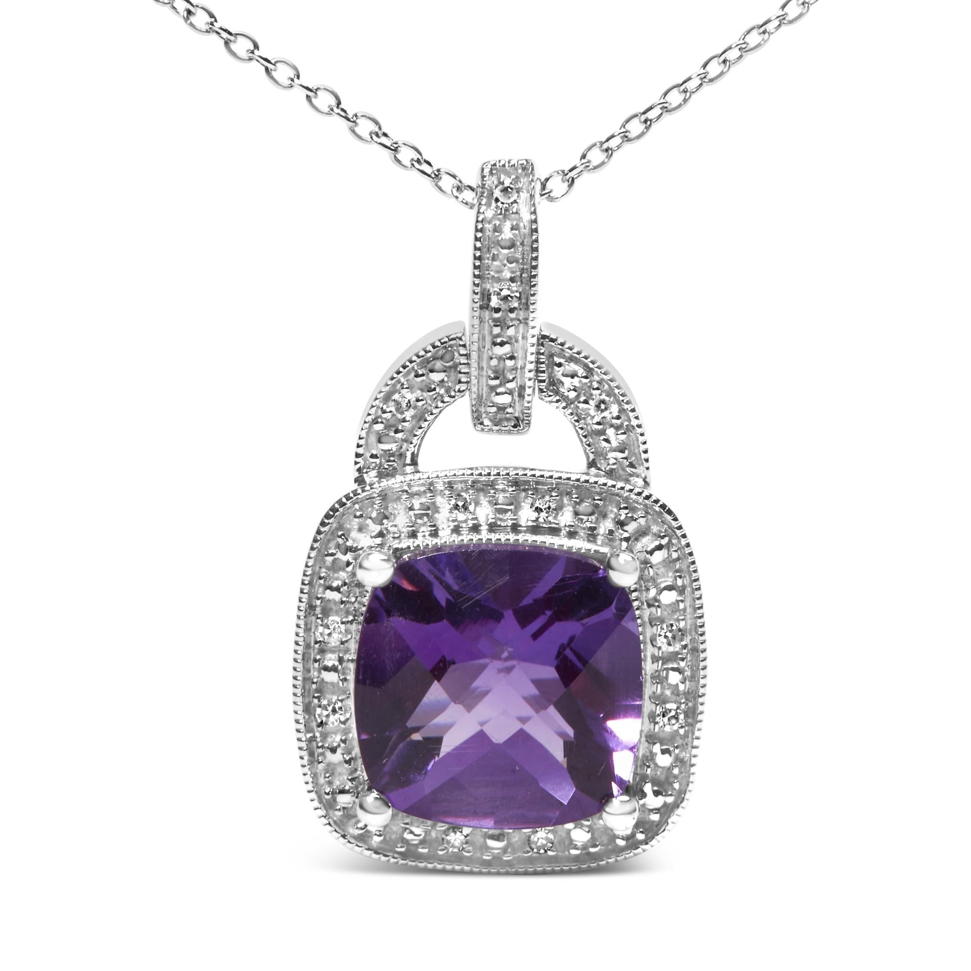 .925 Sterling Silver 10X10 MM Cushion Purple Amethyst and Diamond Accent Halo 18" Pendant Necklace (I-J Color, I1-I2 Clarity)-1