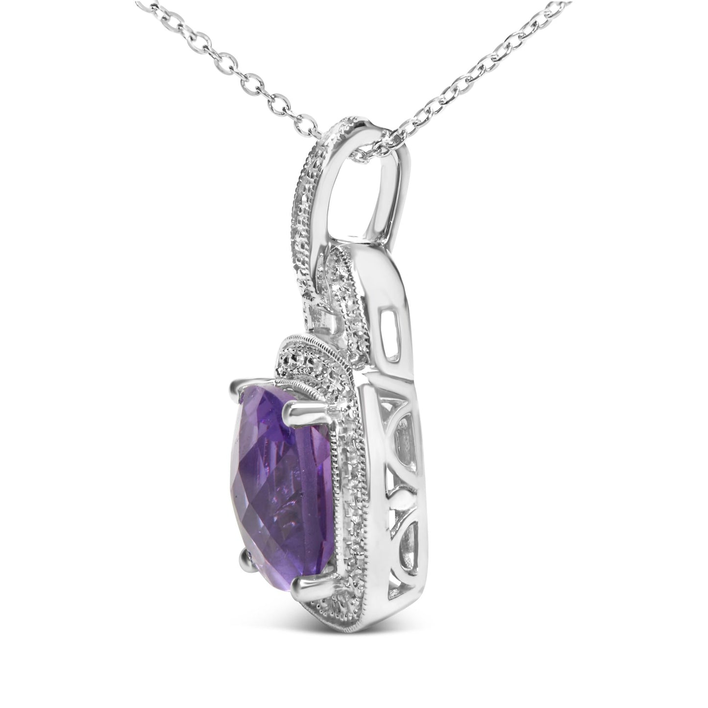 .925 Sterling Silver 10X10 MM Cushion Purple Amethyst and Diamond Accent Halo 18" Pendant Necklace (I-J Color, I1-I2 Clarity)-3