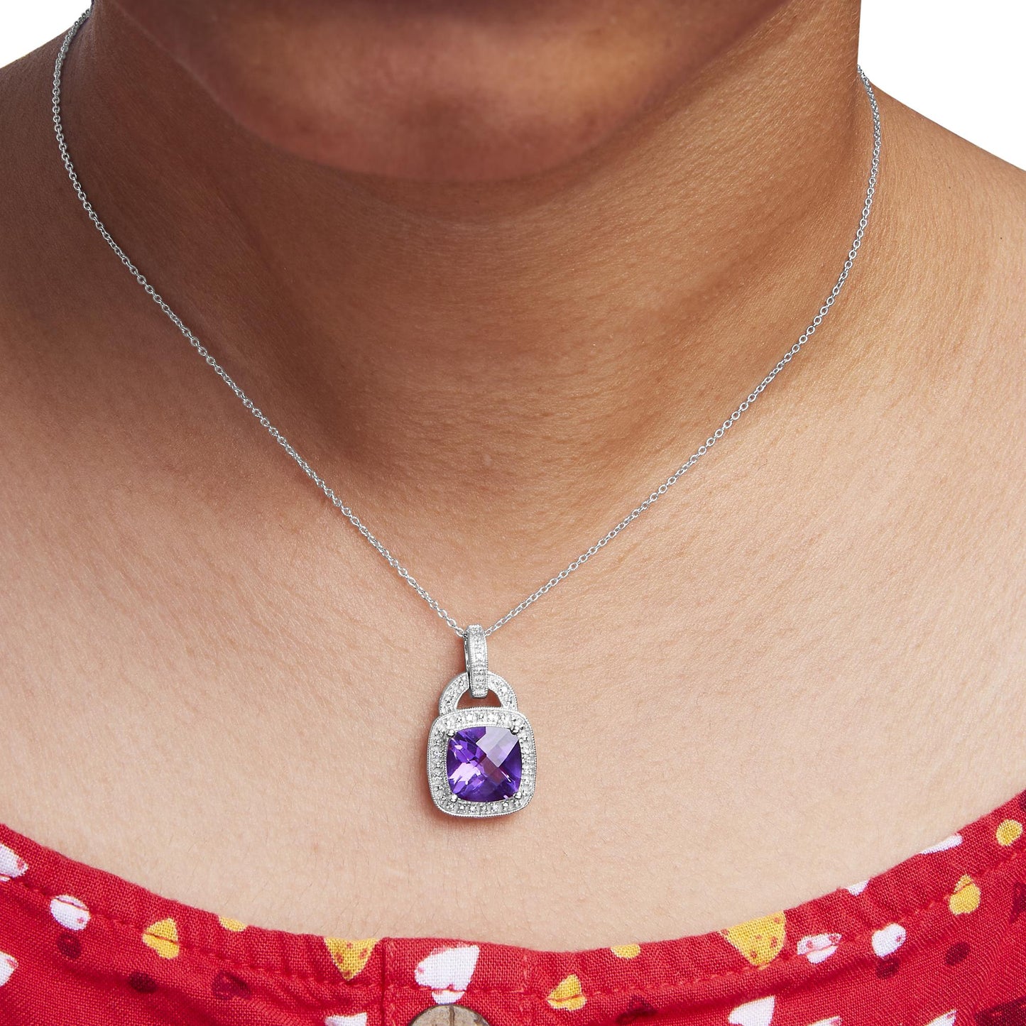 .925 Sterling Silver 10X10 MM Cushion Purple Amethyst and Diamond Accent Halo 18" Pendant Necklace (I-J Color, I1-I2 Clarity)-2